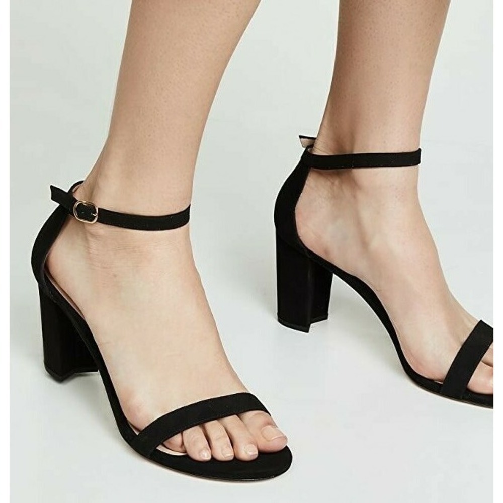 NEW Stuart Weitzman Nearlynude Heel Ankle Strap Sandal Black Suede US 10.5